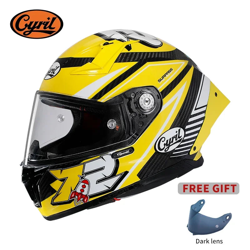 Full Face Motorcycle Helmet, Carbon Fiber Tail Wing Multiple Gear Adjustment, Unisex Helmet DOT ECE Approved