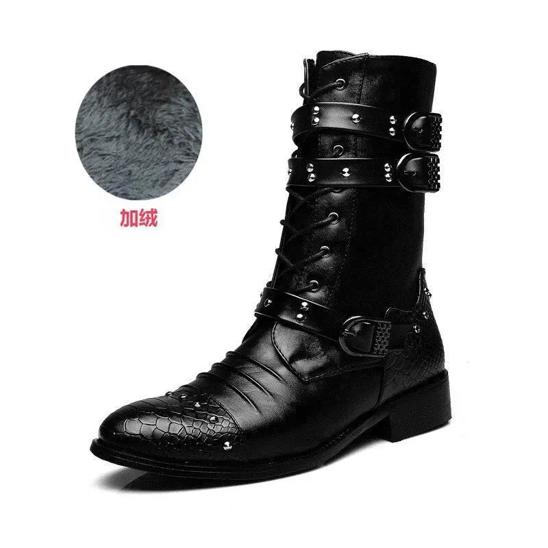 Winter new men's warm PU boots men's high top military boots rivet motorcycle boots motocross shoes