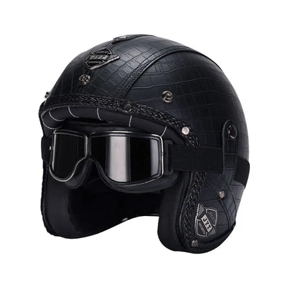 Black Leather Open Face Motorcycle Helmet With Halley Glass Scooter