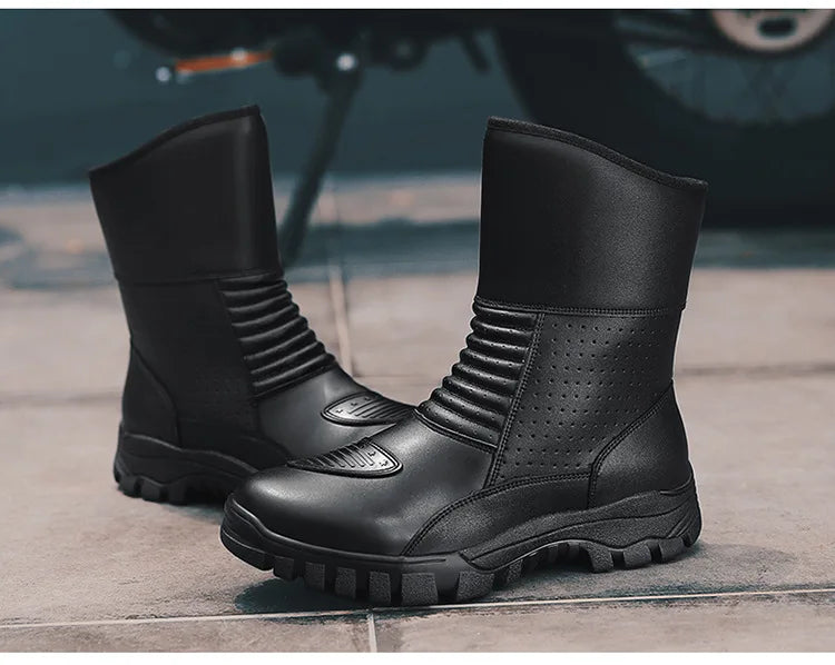 Retro New Winter Motorcycle Boots Waterproof Motocross Boots Black Motorcycle Racing Mid-Calf Shoes Men Leather Moto Boot
