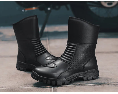 Retro New Winter Motorcycle Boots Waterproof Motocross Boots Black Motorcycle Racing Mid-Calf Shoes Men Leather Moto Boot