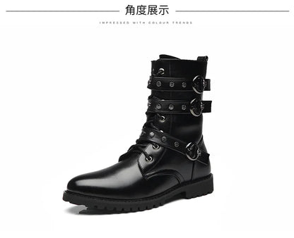 Winter new men's warm PU boots men's high top military boots rivet motorcycle boots motocross shoes