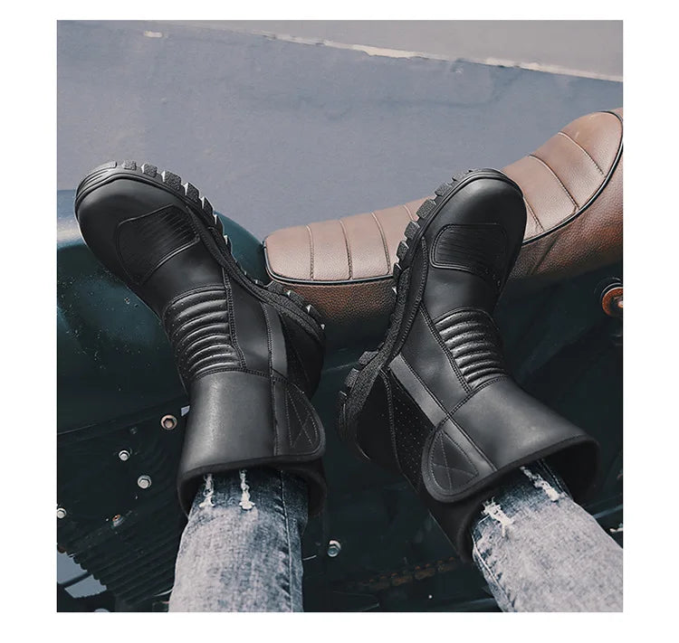 Retro New Winter Motorcycle Boots Waterproof Motocross Boots Black Motorcycle Racing Mid-Calf Shoes Men Leather Moto Boot