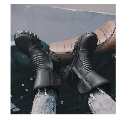 Retro New Winter Motorcycle Boots Waterproof Motocross Boots Black Motorcycle Racing Mid-Calf Shoes Men Leather Moto Boot