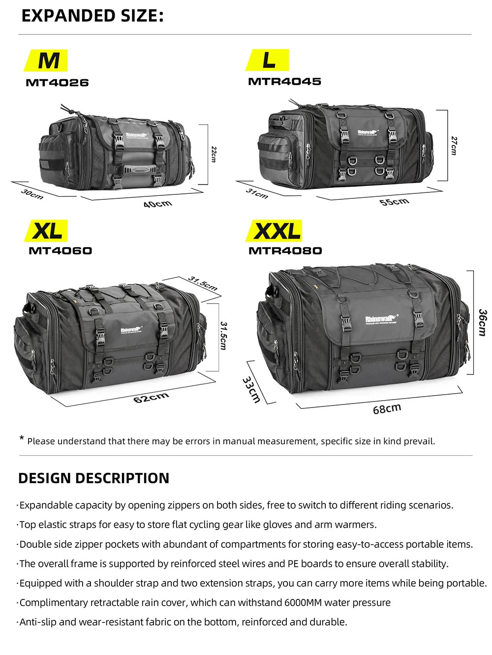 Rhinowalk Travel Luggage Bag - additional perspective showing motorcycle luggage bag features and details