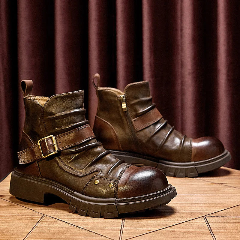 Men's Retro Motorcycle Boots Genuine Leather High Top Motorbike Riding Boots Botas De Motociclista Motocross Racing Car Shoes