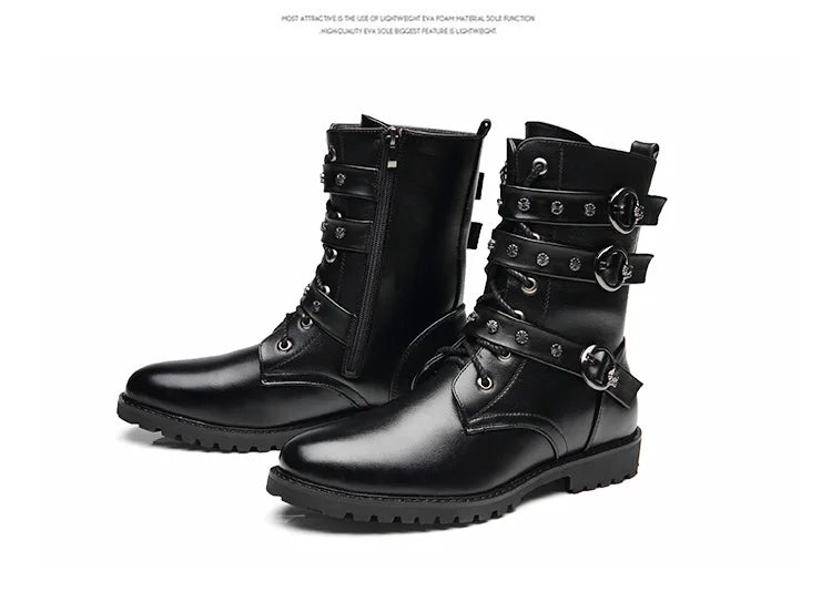Winter new men's warm PU boots men's high top military boots rivet motorcycle boots motocross shoes