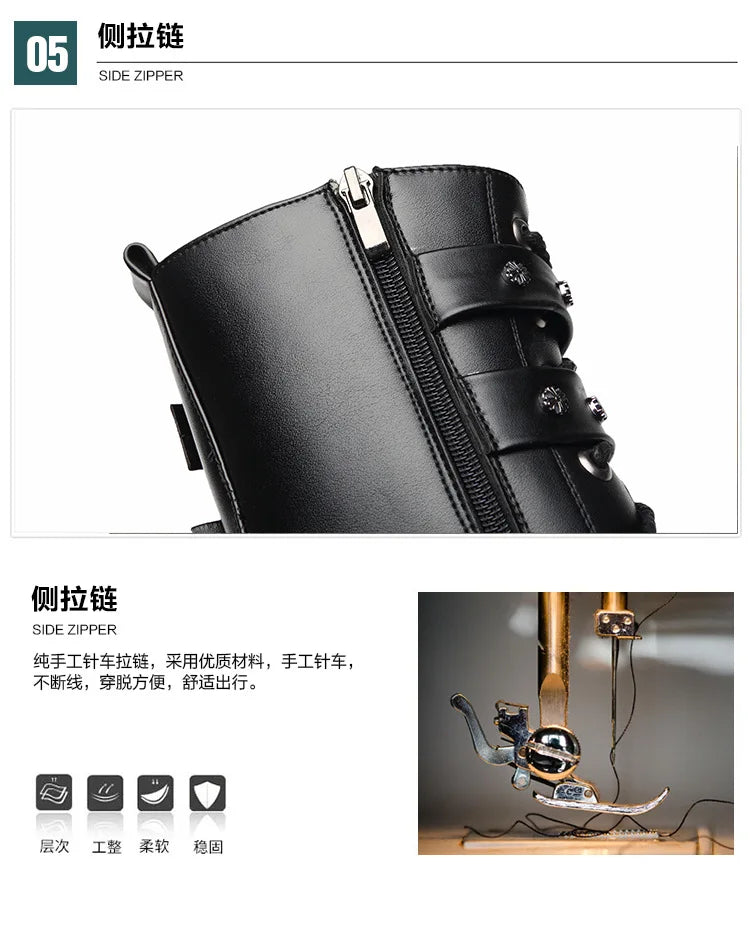 Winter new men's warm PU boots men's high top military boots rivet motorcycle boots motocross shoes