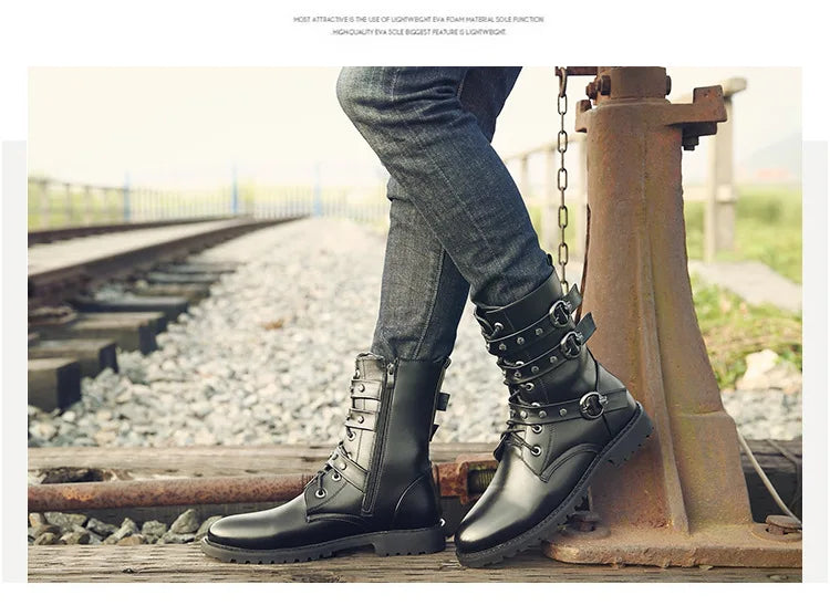 Winter new men's warm PU boots men's high top military boots rivet motorcycle boots motocross shoes