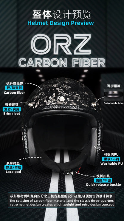 ORZ latest carbon fiber retro helmet motorcycle helmet 3/4 open face capacete vintage men and women four seasons half helmet