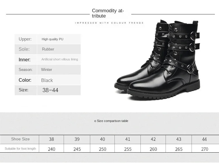 Winter new men's warm PU boots men's high top military boots rivet motorcycle boots motocross shoes