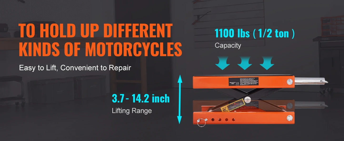 SucceBuy 1100 LBS Motorcycle Lift Motorcycle Scissor Lift Jack with Wide Deck & Safety Pin Steel Scissor Jack Fit for Motorcycle
