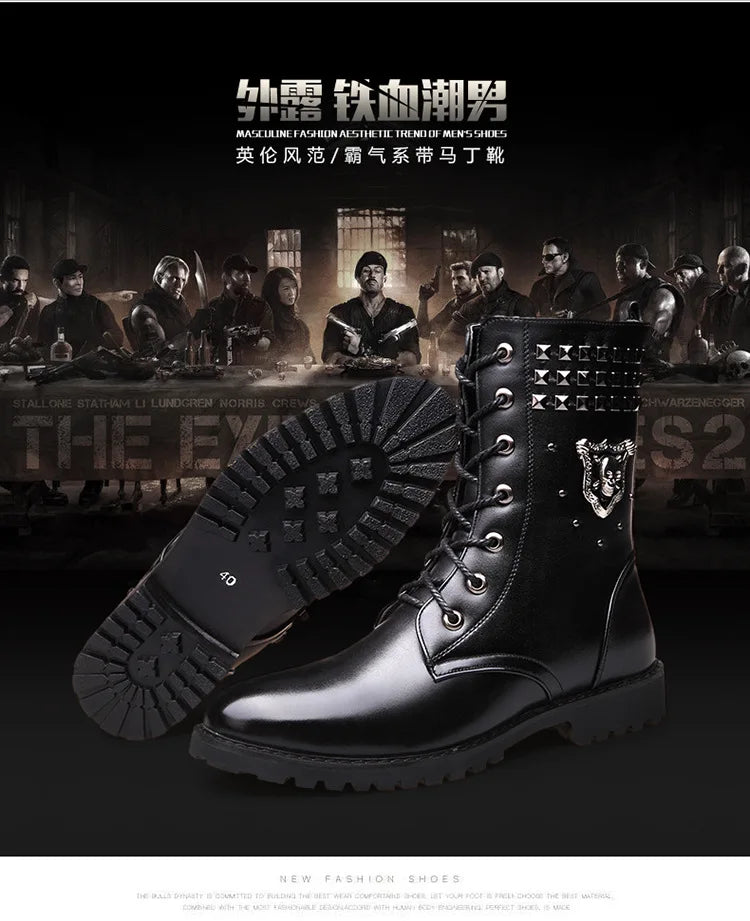 Winter new men's warm PU boots men's high top military boots rivet motorcycle boots motocross shoes