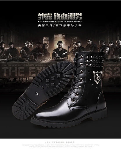 Winter new men's warm PU boots men's high top military boots rivet motorcycle boots motocross shoes