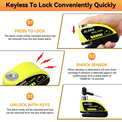Motorcycle Alarm Lock 110dB - feature detail showing motorcycle disc lock features and details