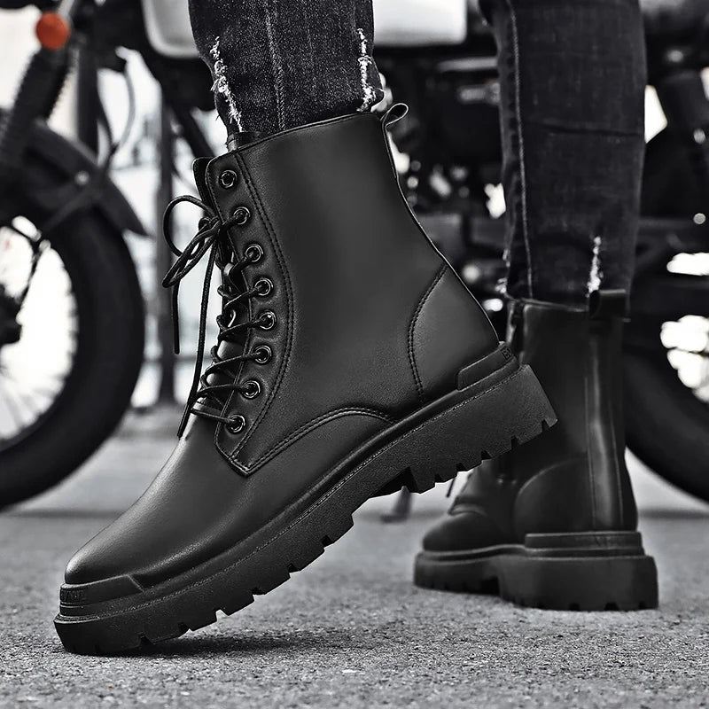 Black Men's Casual Leather Boots Fashion Winter Men Work Boot Mens