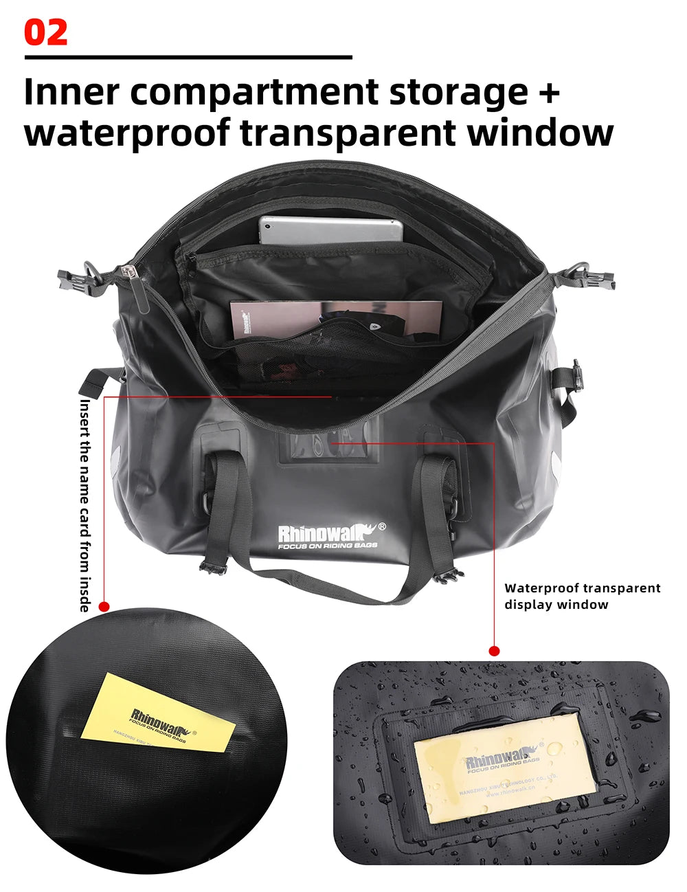 Rhinowalk Tail Bag 45L - top view showing motorcycle tail bag features and details
