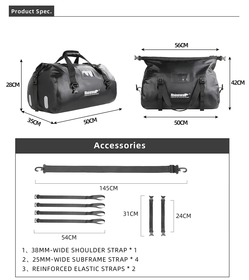 Rhinowalk Tail Bag 45L - material detail showing motorcycle tail bag features and details