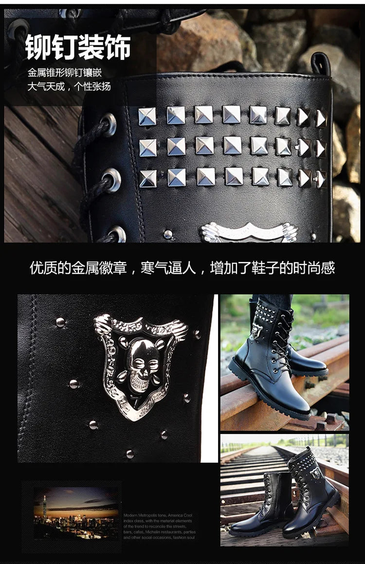 Winter new men's warm PU boots men's high top military boots rivet motorcycle boots motocross shoes