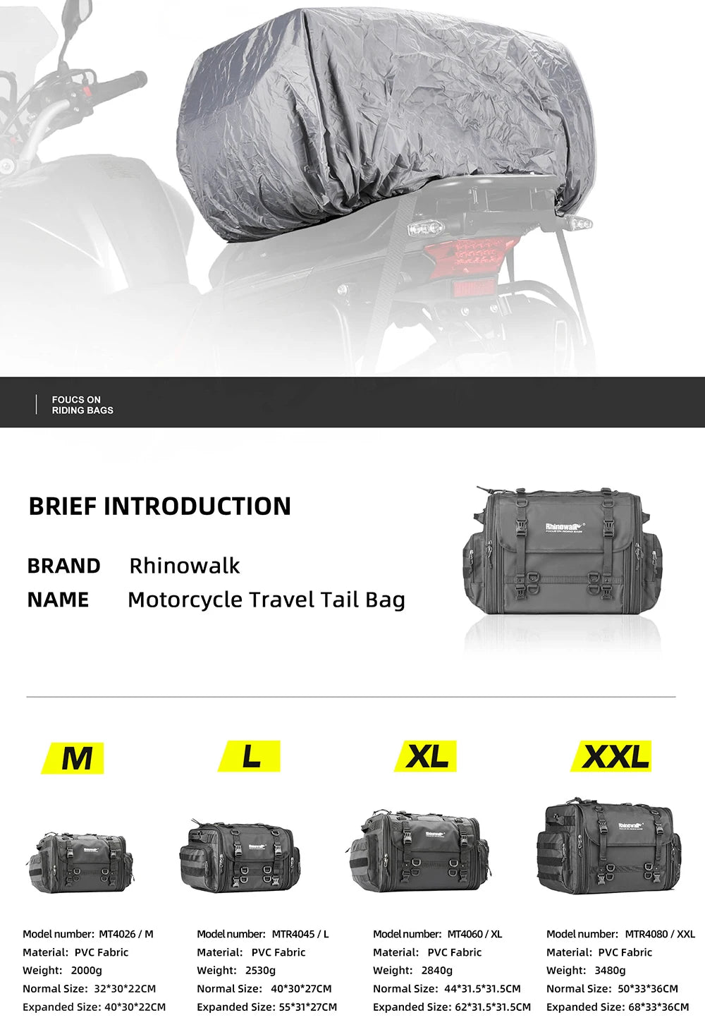 Rhinowalk Travel Luggage Bag - additional detail showing motorcycle luggage bag features and details