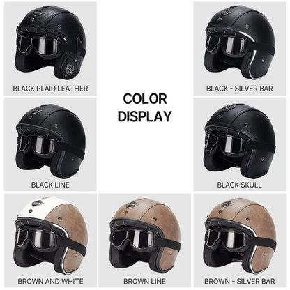 Black Leather Open Face Motorcycle Helmet With Halley Glass Scooter