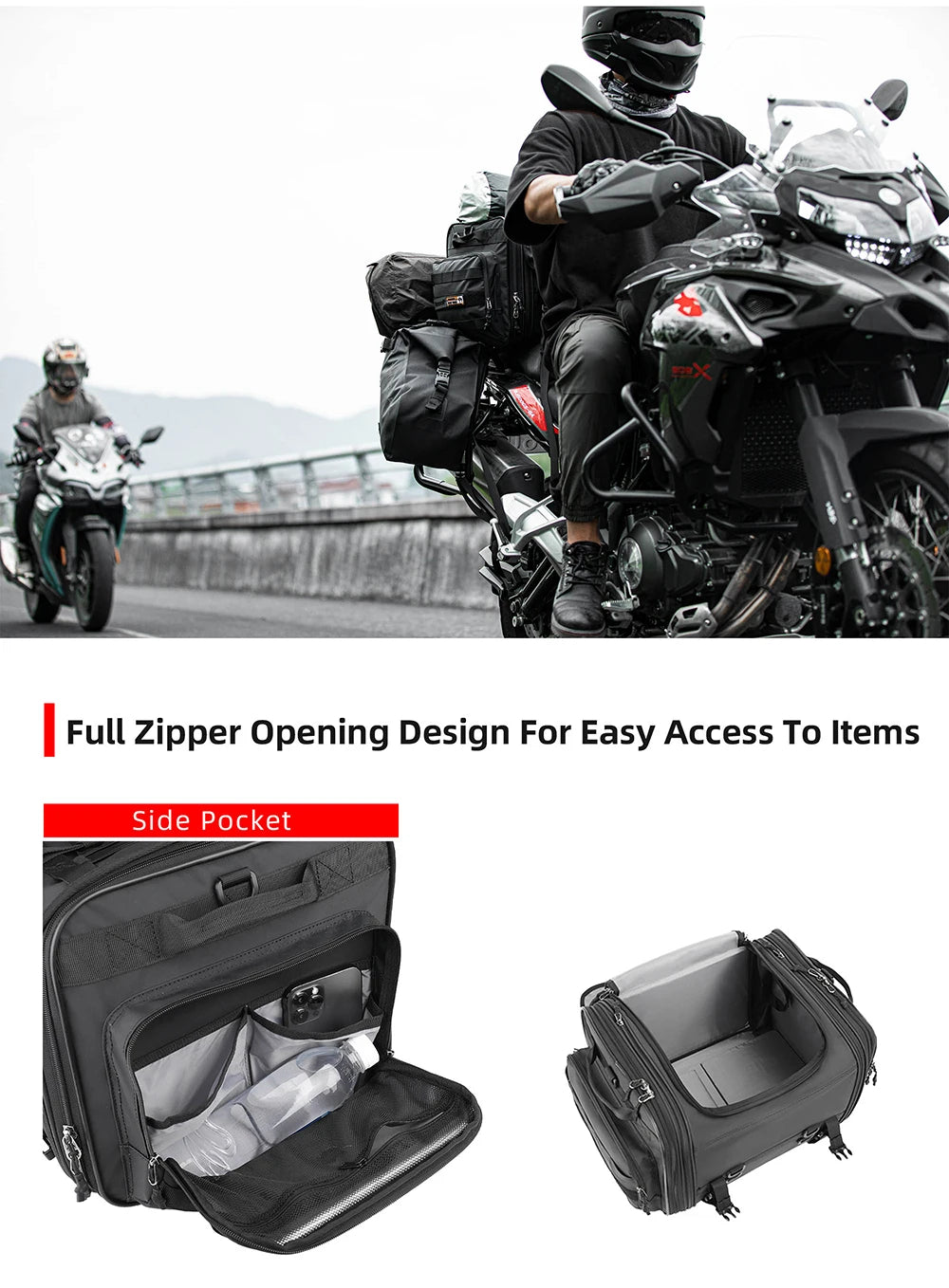 Rhinowalk Travel Luggage Bag - additional detail showing motorcycle luggage bag features and details