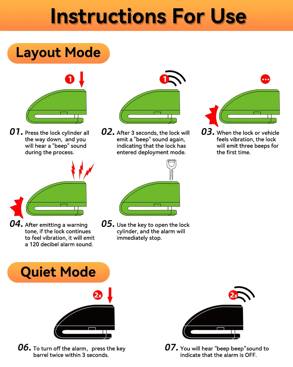 Motorcycle Alarm Lock 110dB - additional detail showing motorcycle disc lock features and details