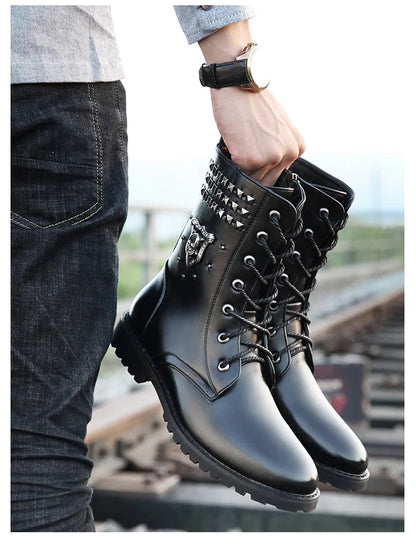Winter new men's warm PU boots men's high top military boots rivet motorcycle boots motocross shoes