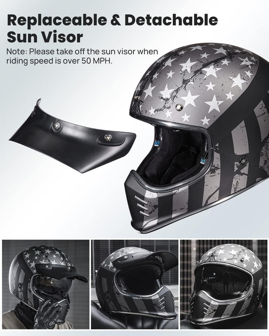 Vintage Full Face Motorcycle Helmets for Adults Men Inner Visor Compatible for Moped ATV Cruiser Scooter DOT ECE Model Z502(Patriotic Flag, M)