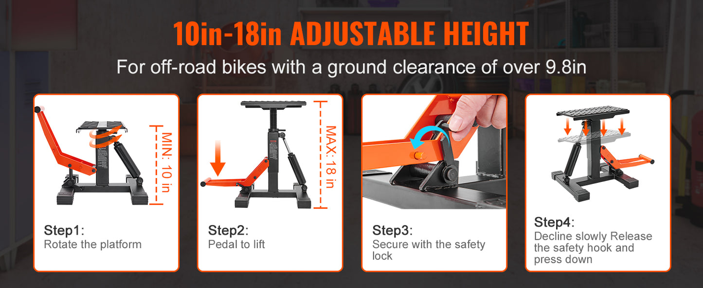 SucceBuy Motorcycle Jack Lift Stand 440lb Dirt Bike Lift Stand Hydraulic Lift Operation Adjustable Height Hoist Table for Repair